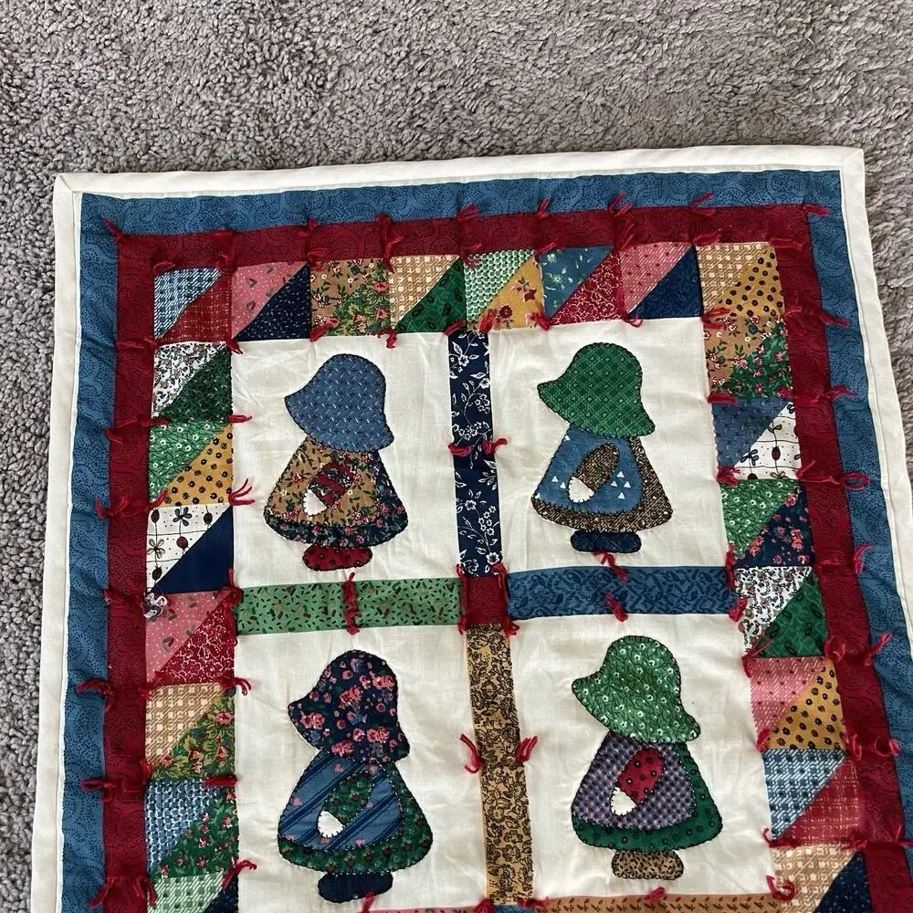 Sue Bonnet Sue Wall Hanging Quilt Colorful Cottage Core Folk Art Handmade VTG